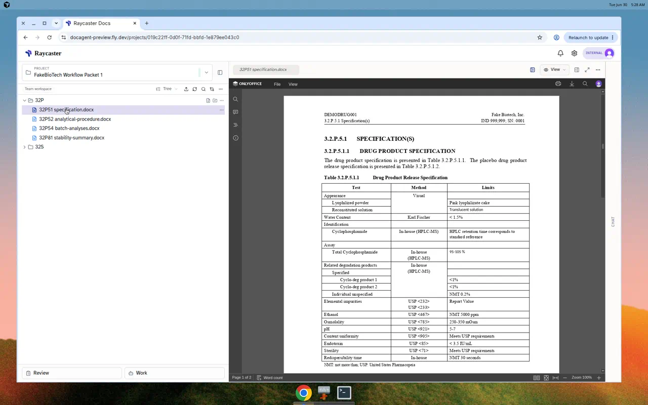 DocAgent workspace showing FakeBioTech Workflow Packet 1 with 32P51 specification open