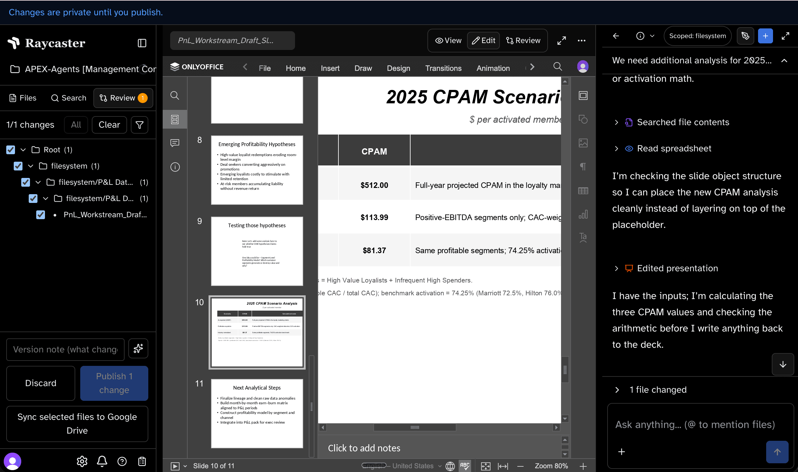 Raycaster workspace showing a presentation under edit, Review queue with one pending change, and the agent log describing calculation checks before writing to the deck