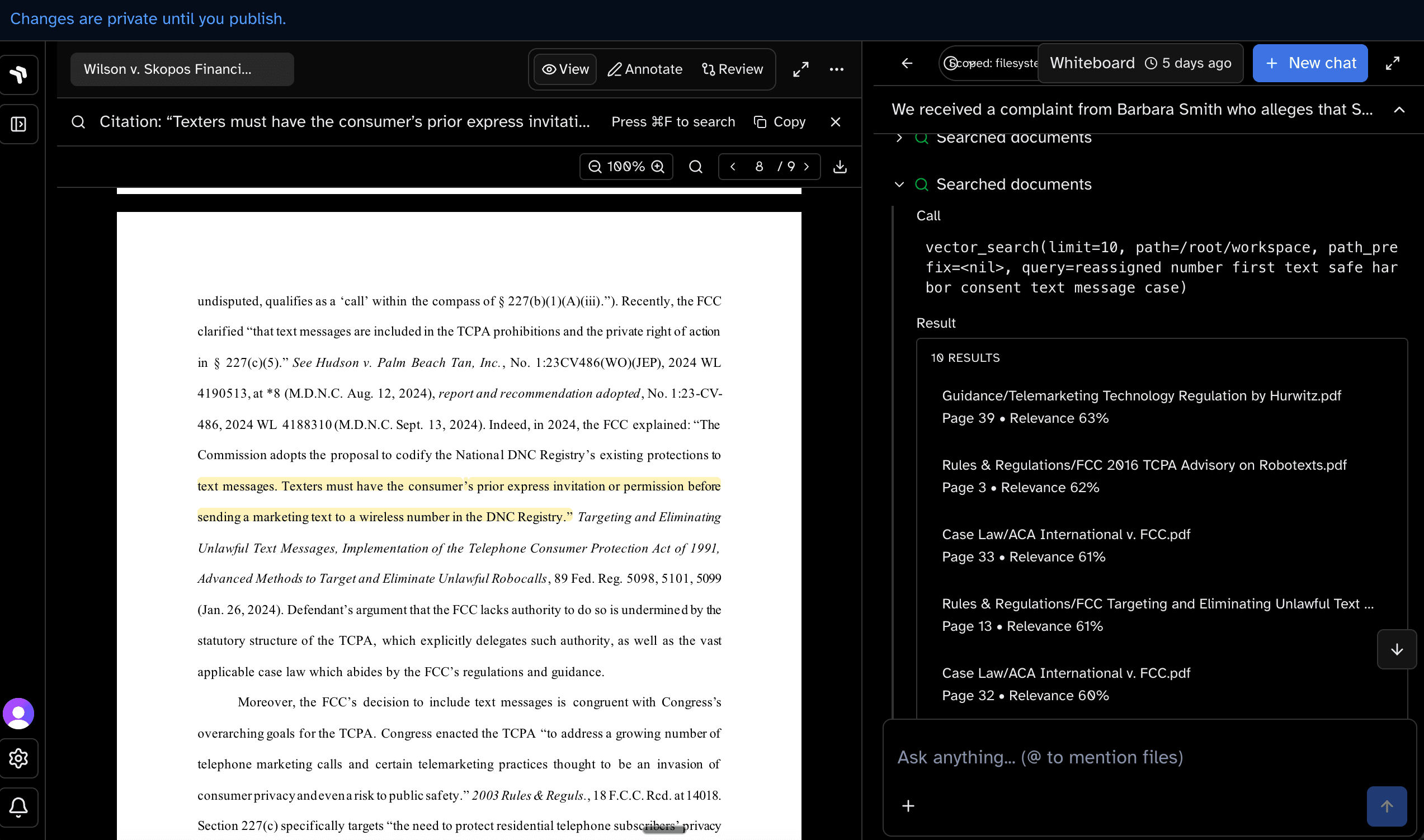 Document workspace with a legal PDF open and agent vector search results across the knowledge base