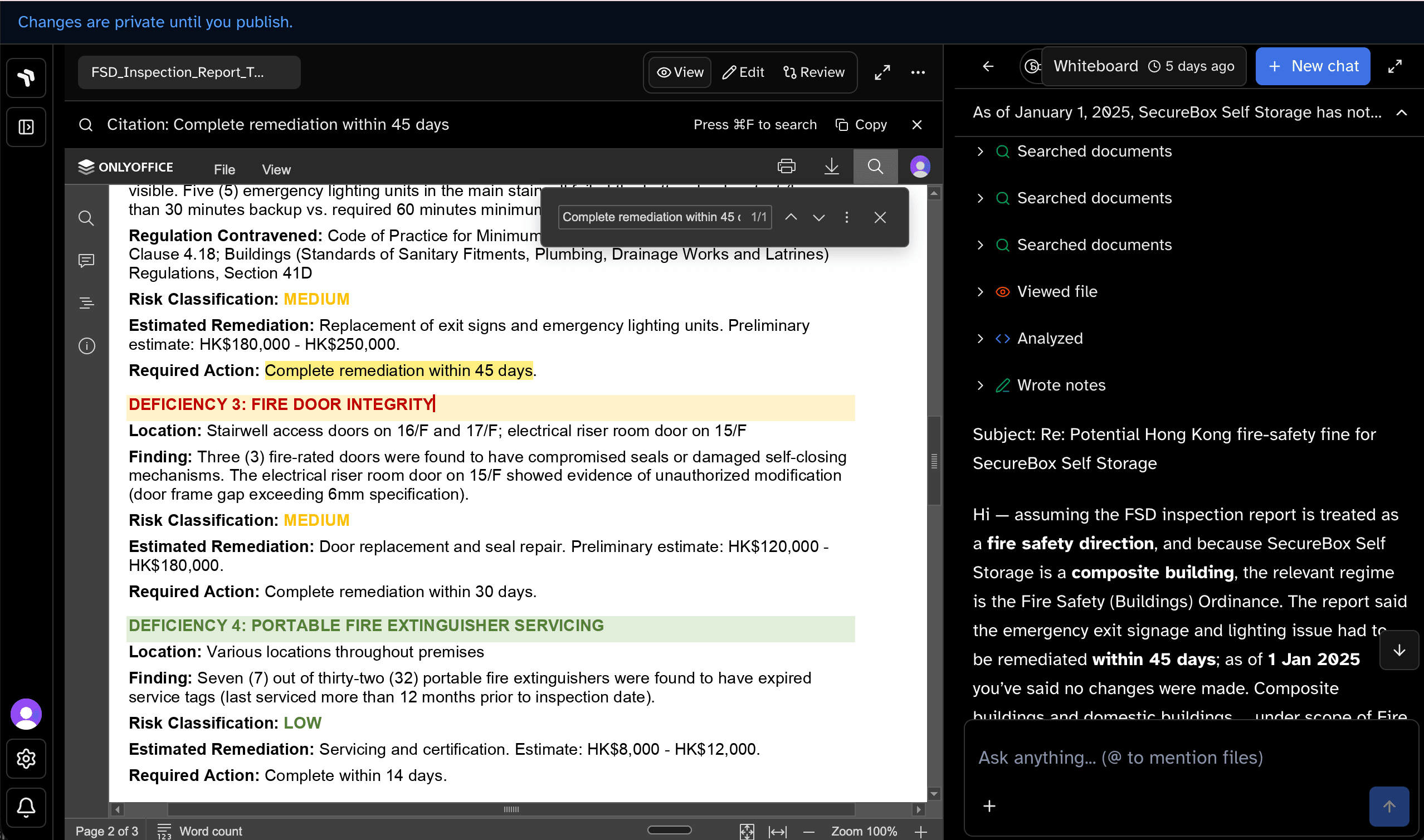 Fire safety inspection report in the editor with in-document search highlighting a deadline phrase the agent echoed in a drafted email