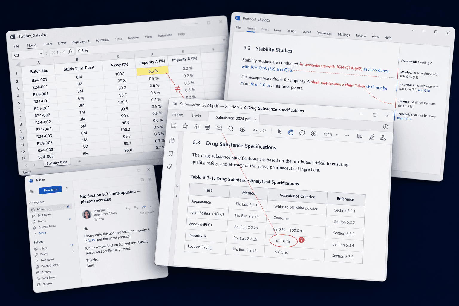 Cross-referencing four windows at once